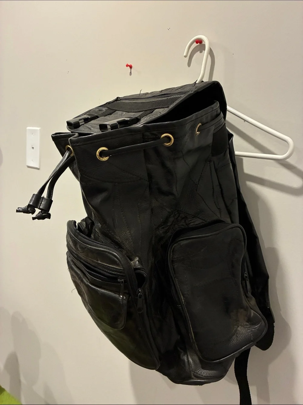 Black Leather Drawstring Backpack - Men's Classic Style